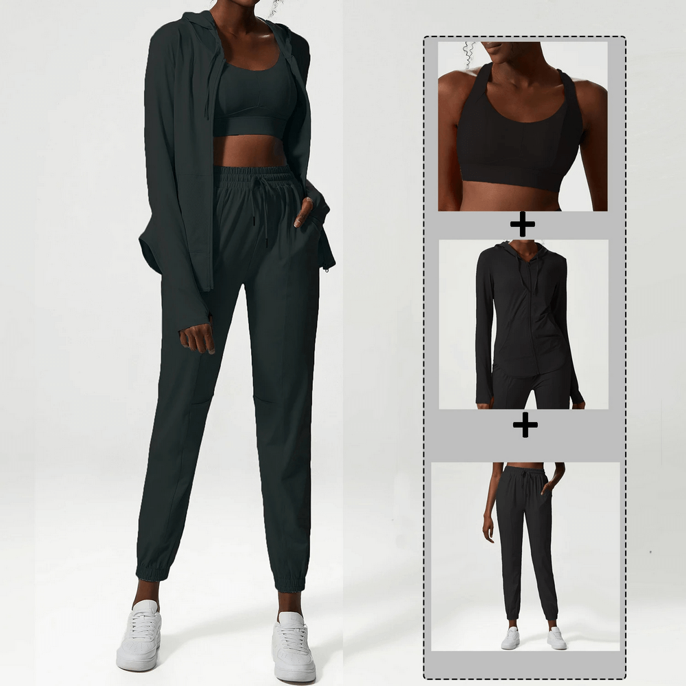 Three-tone women's athletic clothing set with jacket, sports bra, and pants. Stylish and functional activewear for any season.